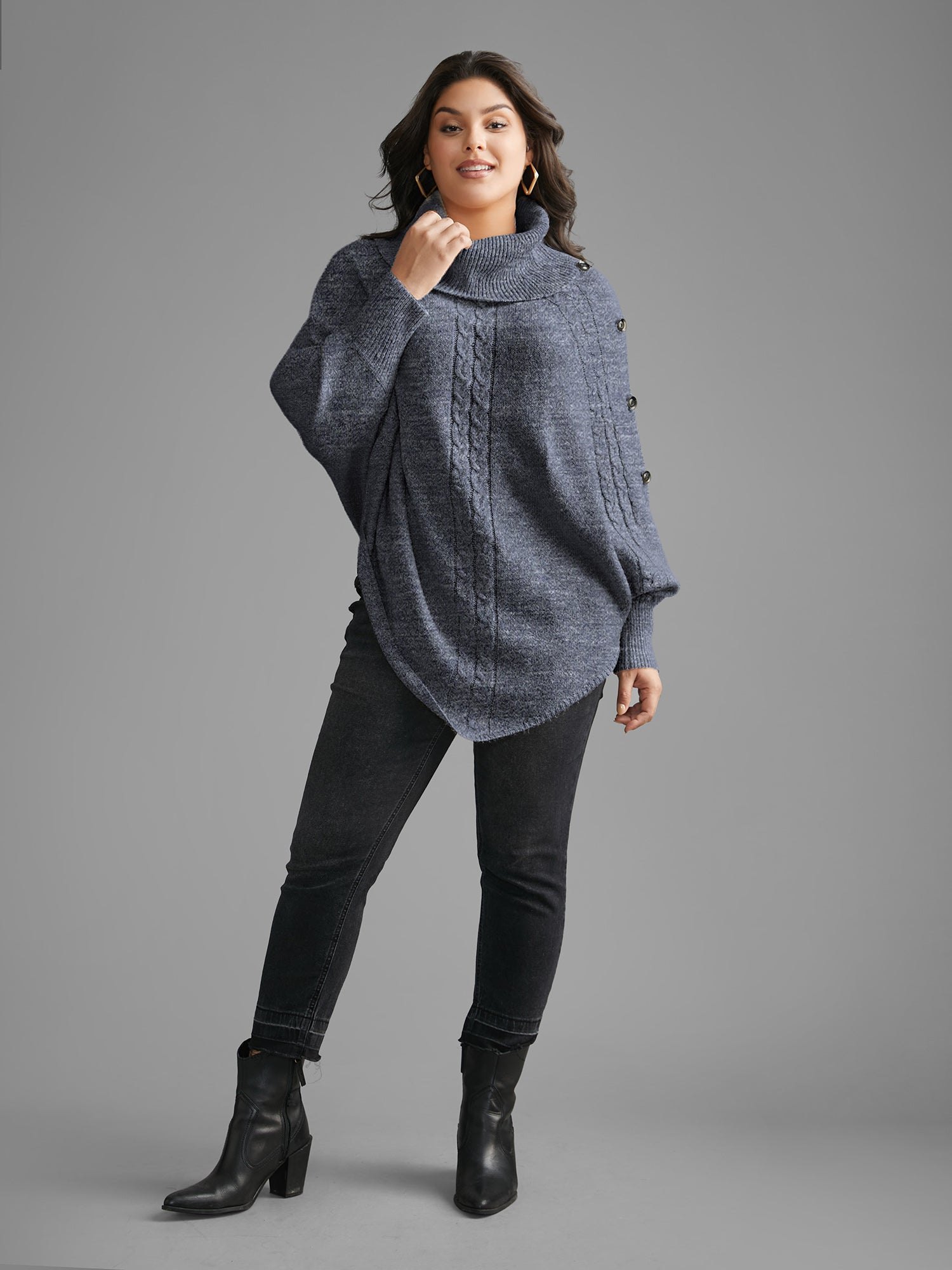 Turtleneck Cable Knit Asymmetrical Hem Pullover