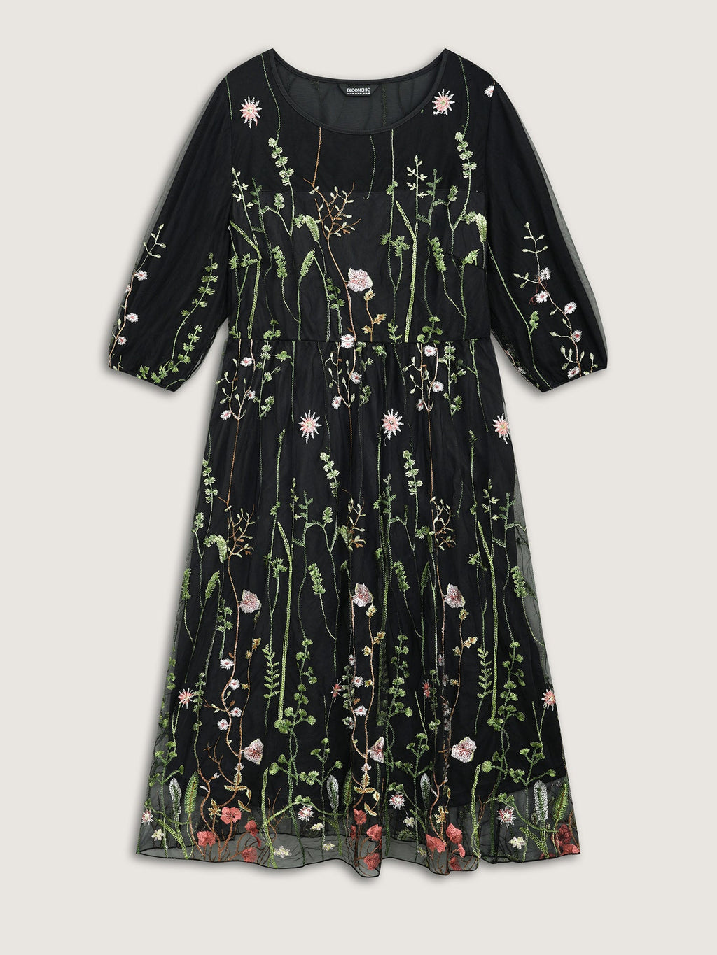 Floral Embroidered Elastic Waist Lined Midi Dress
