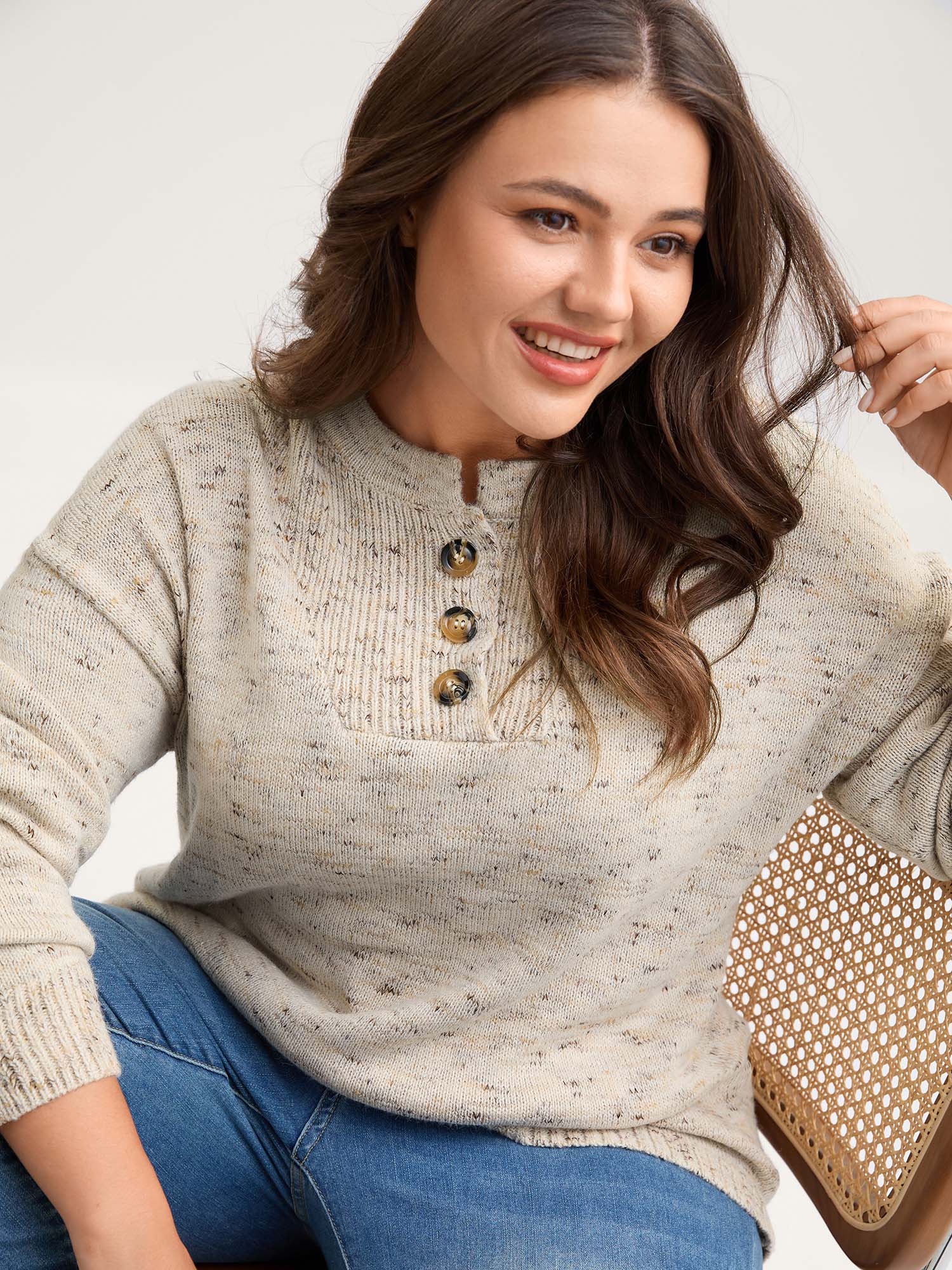 Heather Textured Button Neck Pullover