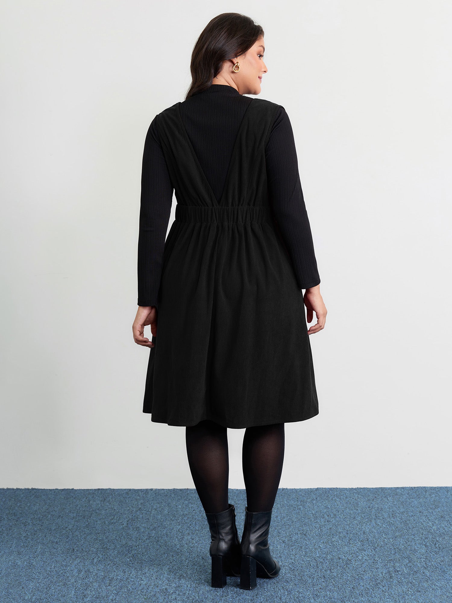 Corduroy Stretchy Waist V-Neck Midi Dress