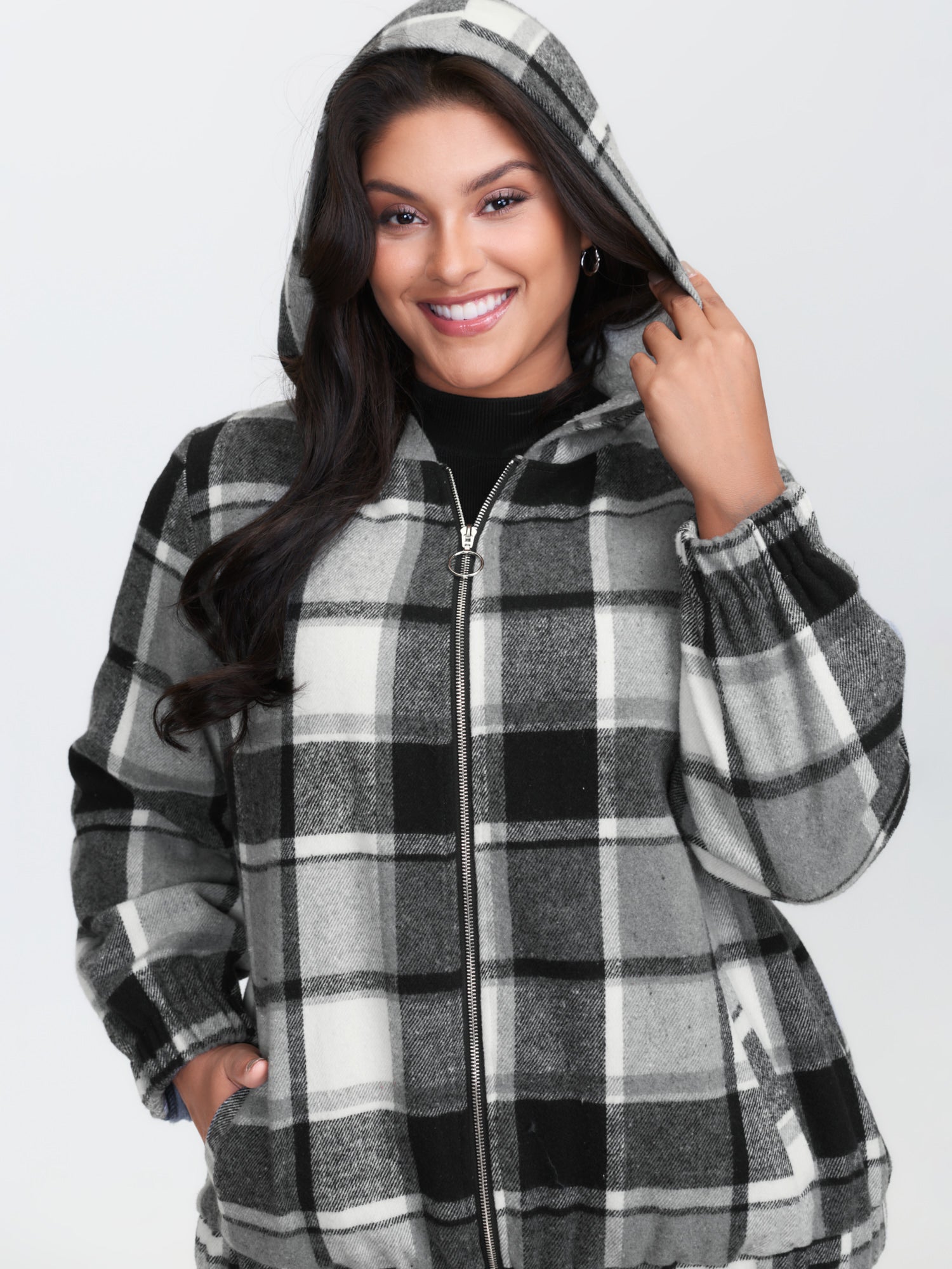 Checkered Pattern Lined Faux Fur Zipper Hoodie