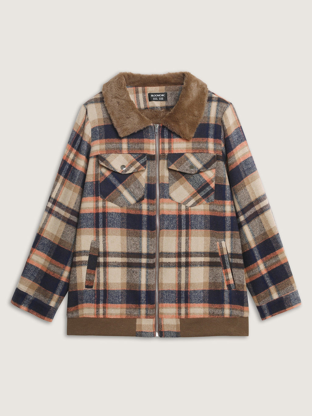 Plaid Pattern Fuzzy Collar Zipper Jacket