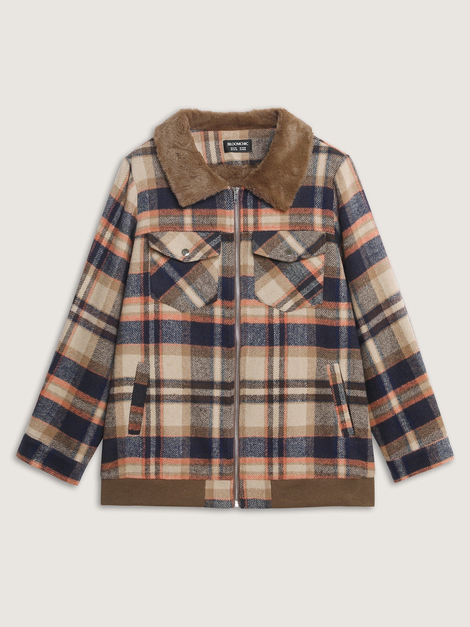 Plaid Pattern Fuzzy Collar Zipper Jacket