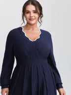 Scalloped V-Neck Fit and Flare Sweater Dress