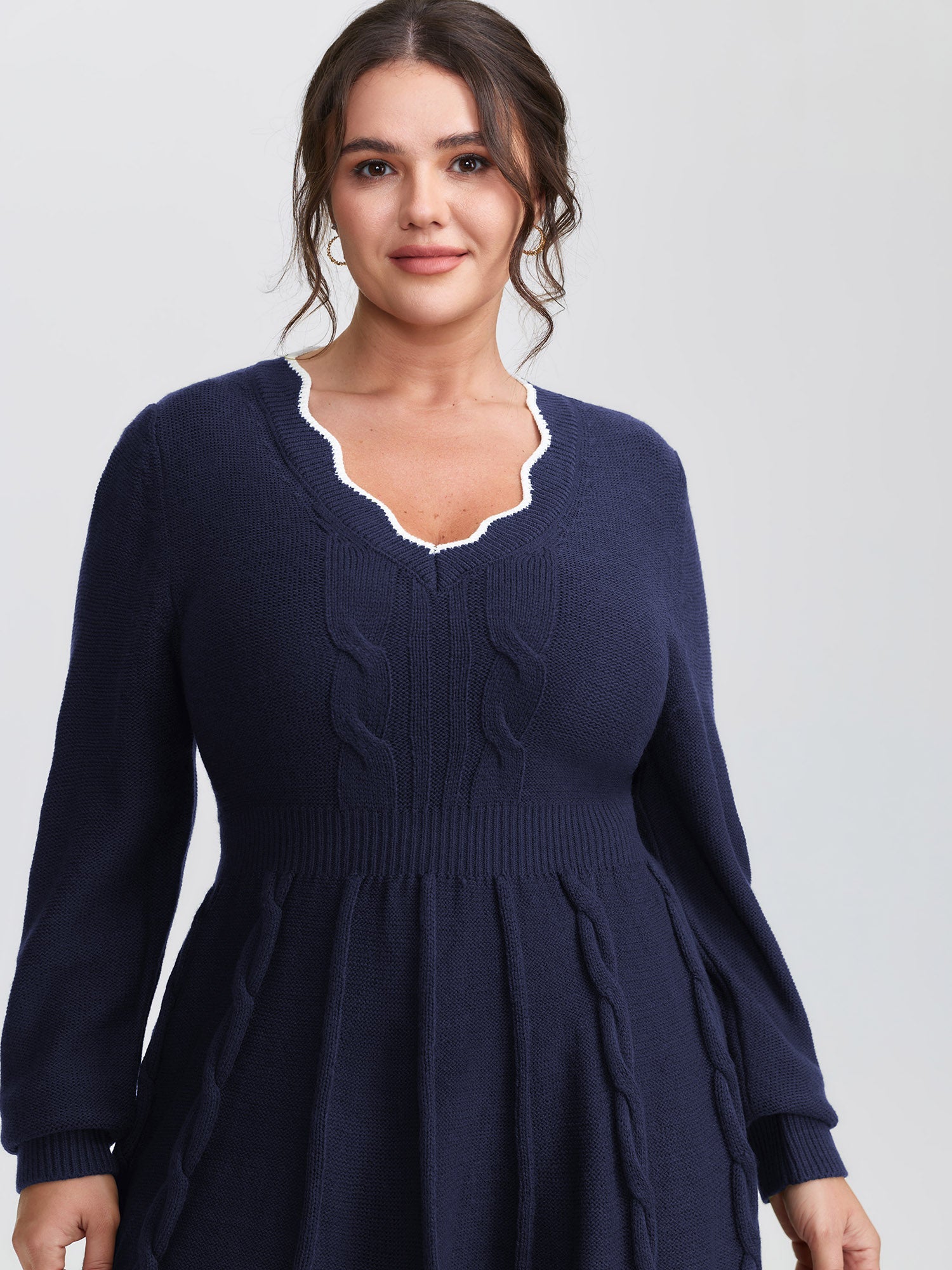 Scalloped V-Neck Fit and Flare Sweater Dress