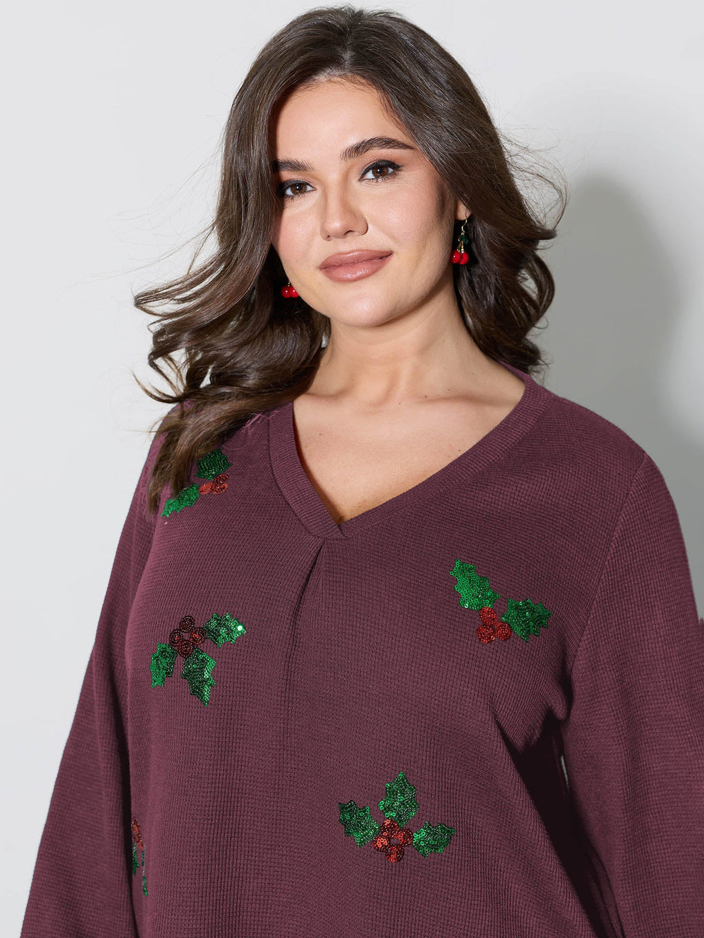 Holiday Elements Sequin Embroidery Textured Sweatshirt