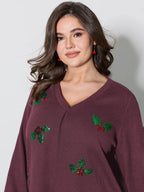 Holiday Elements Sequin Embroidery Textured Sweatshirt