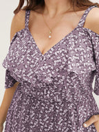 Ditsy Floral Pocket Wrap Cold Shoulder Ruffle Dress