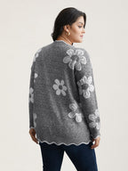 Floral Pattern Open-Front Knitted Cardigan