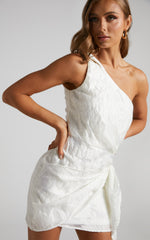 One Shoulder Wrap Front Dress in White Jacquard