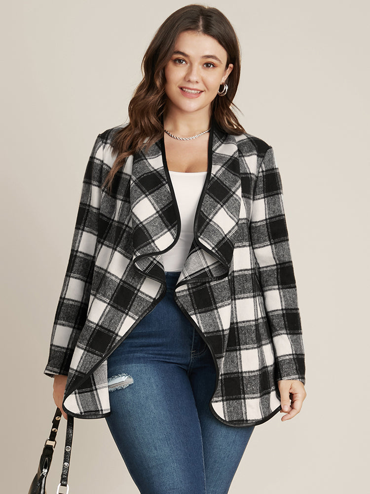 Plaid Waterfall Collar Open Front Coat
