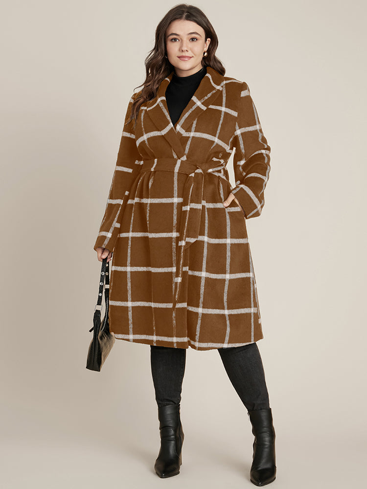 Plaid Lapel Collar Belted Pocket Coat