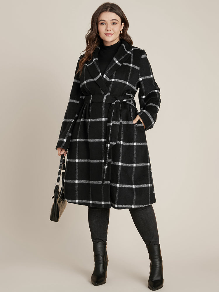 Plaid Lapel Collar Belted Pocket Coat