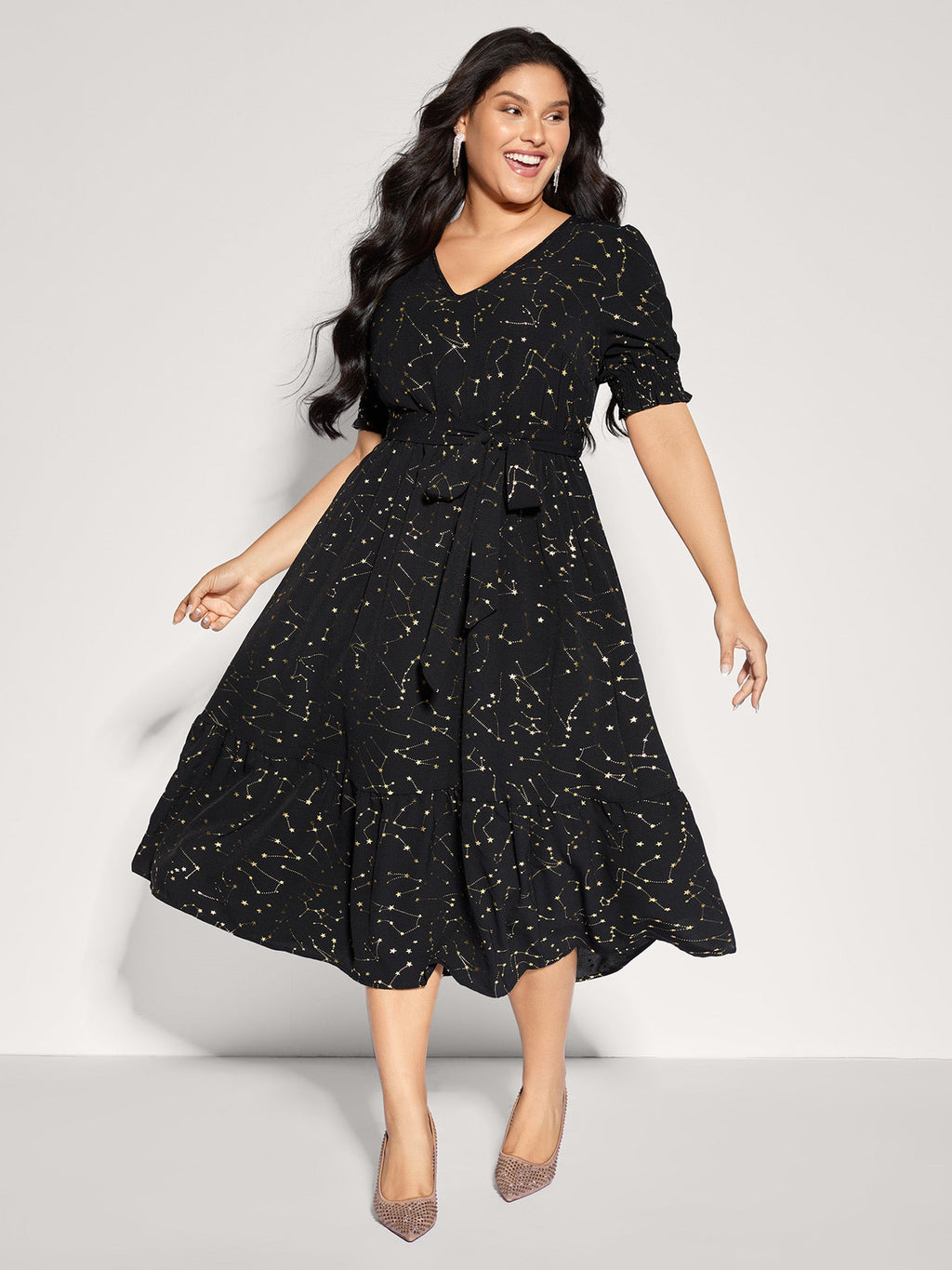 Shimmery Star Print Stretchy-Waist Midi Dress