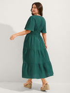 Textured Shirred Cinched Waist Midi Dress