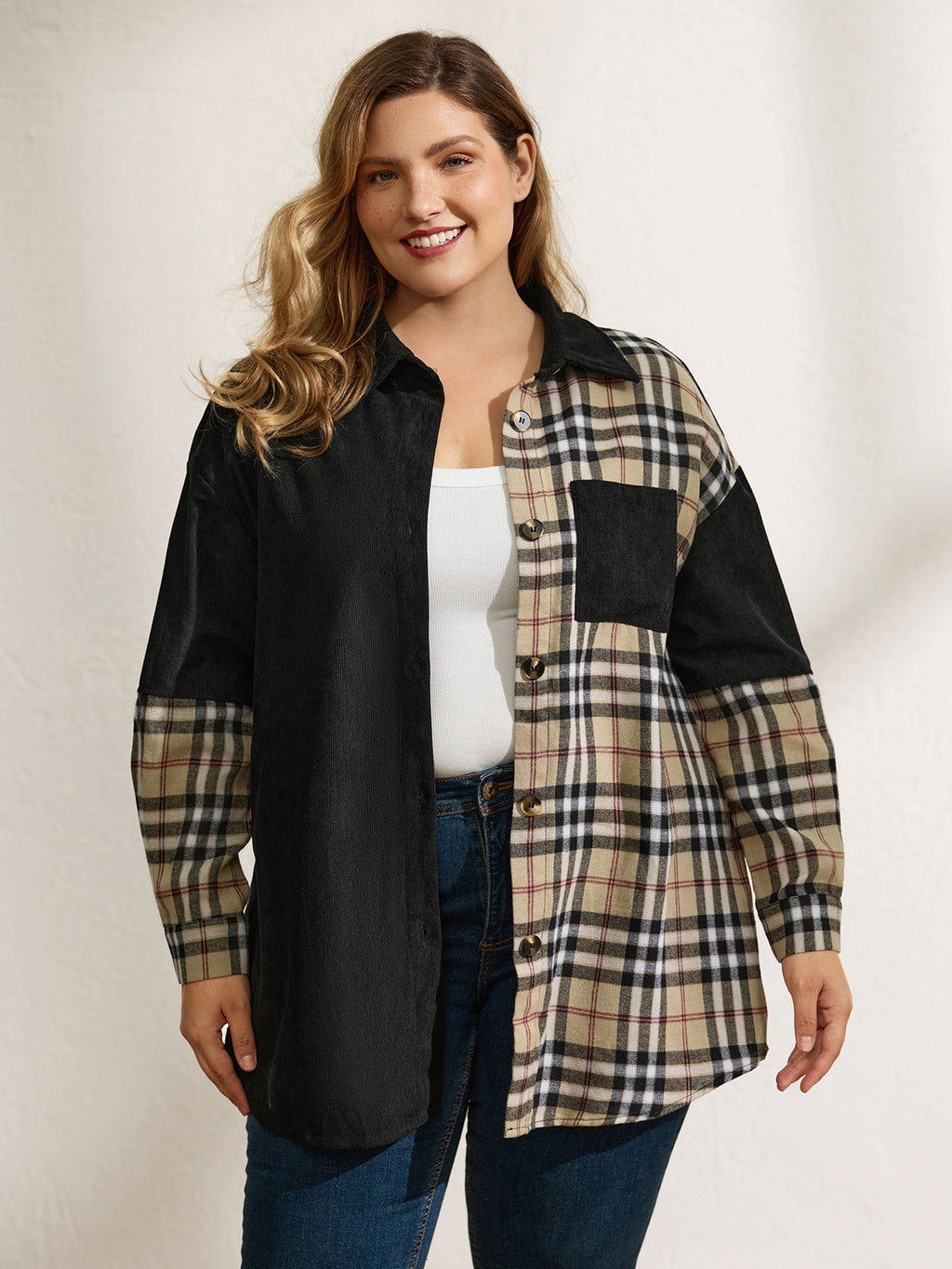 Corduroy Plaid Print Contrast Jacket