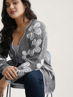 Floral Pattern Open-Front Knitted Cardigan