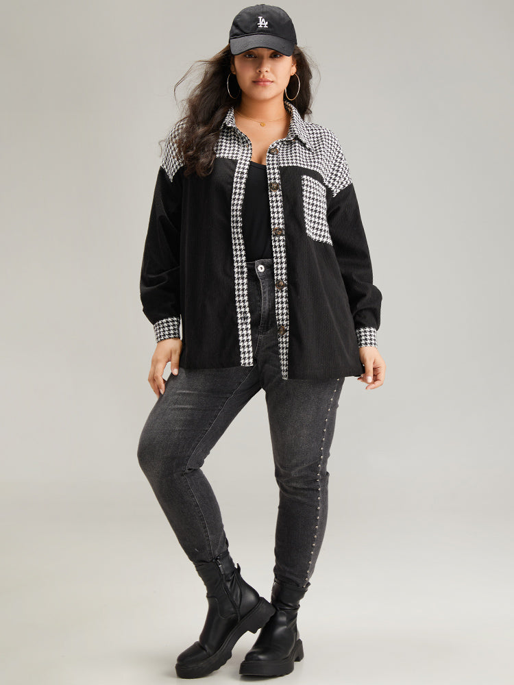 Houndstooth Patchwork Pocket Button Through Corduroy Coat