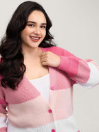 Colorblock Contrast Texture Button Cardigan