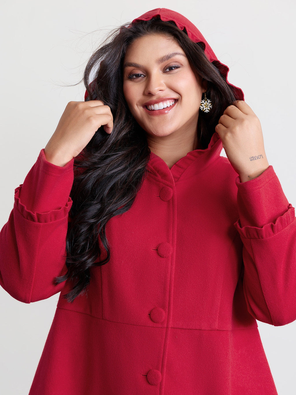 Ruffle Trim Waist-Defining Pockets Coat