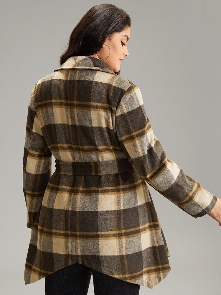 Plaid Belted Lapel Collar Hanky Hem Coat