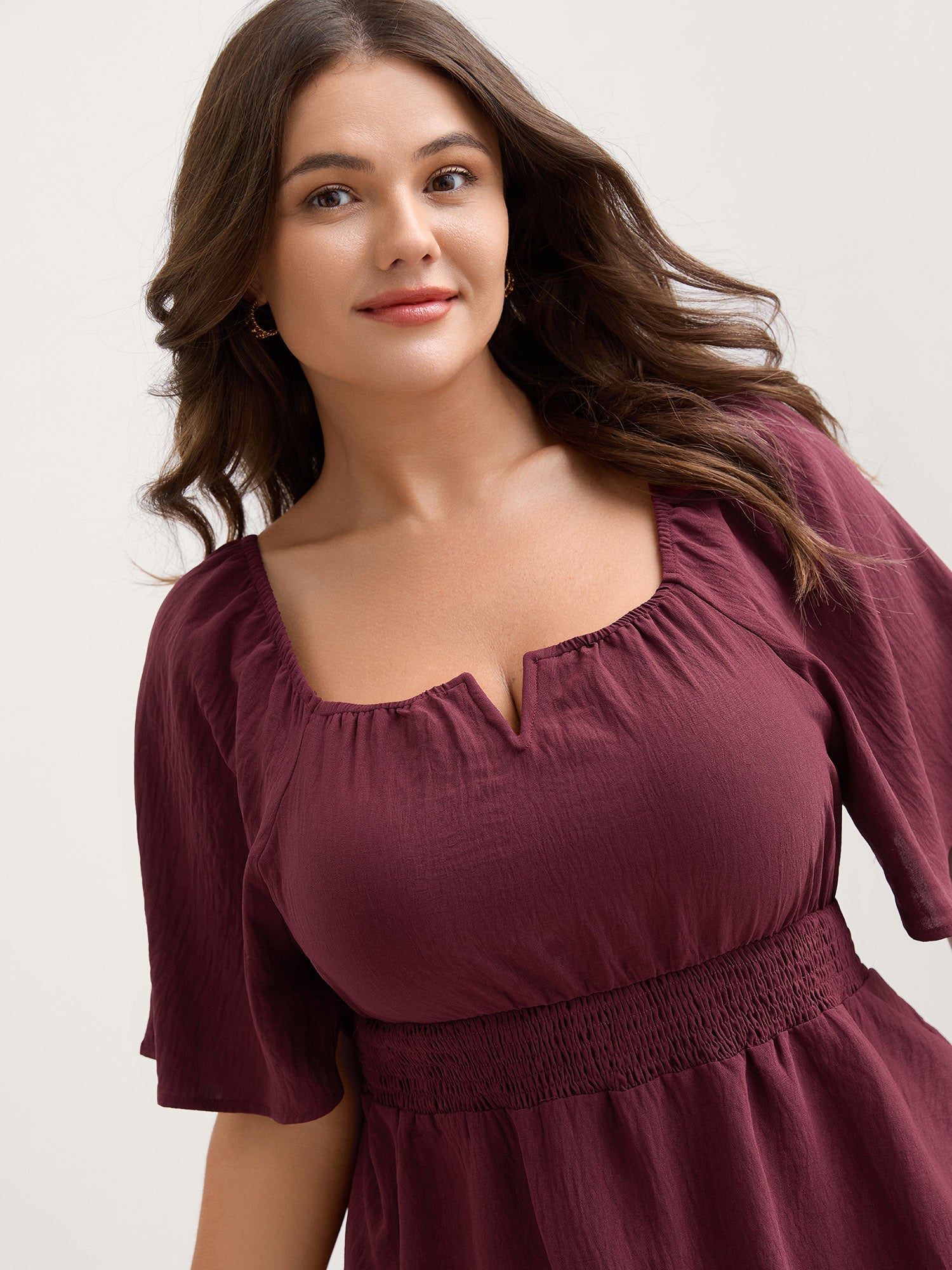 Stretchy Neckline Waist-Cinched Solid Blouse