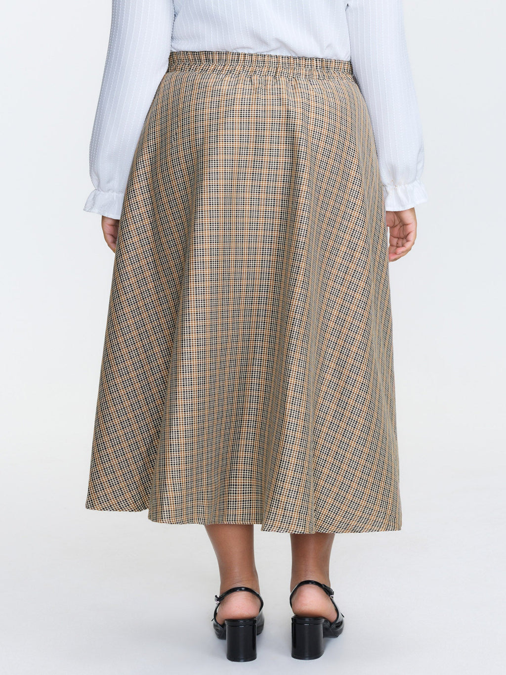 Retro Check Pattern Button Decor Midi Skirt