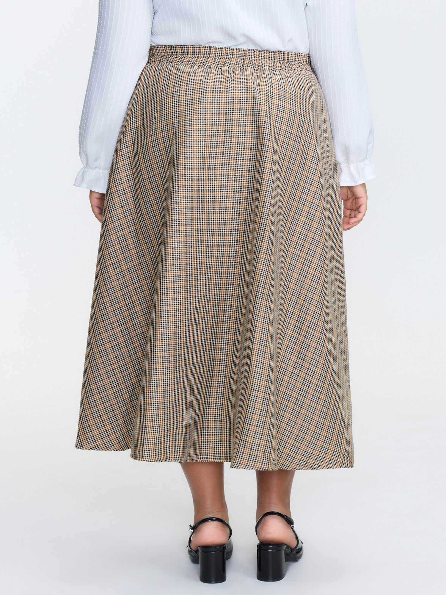 Retro Check Pattern Button Decor Midi Skirt