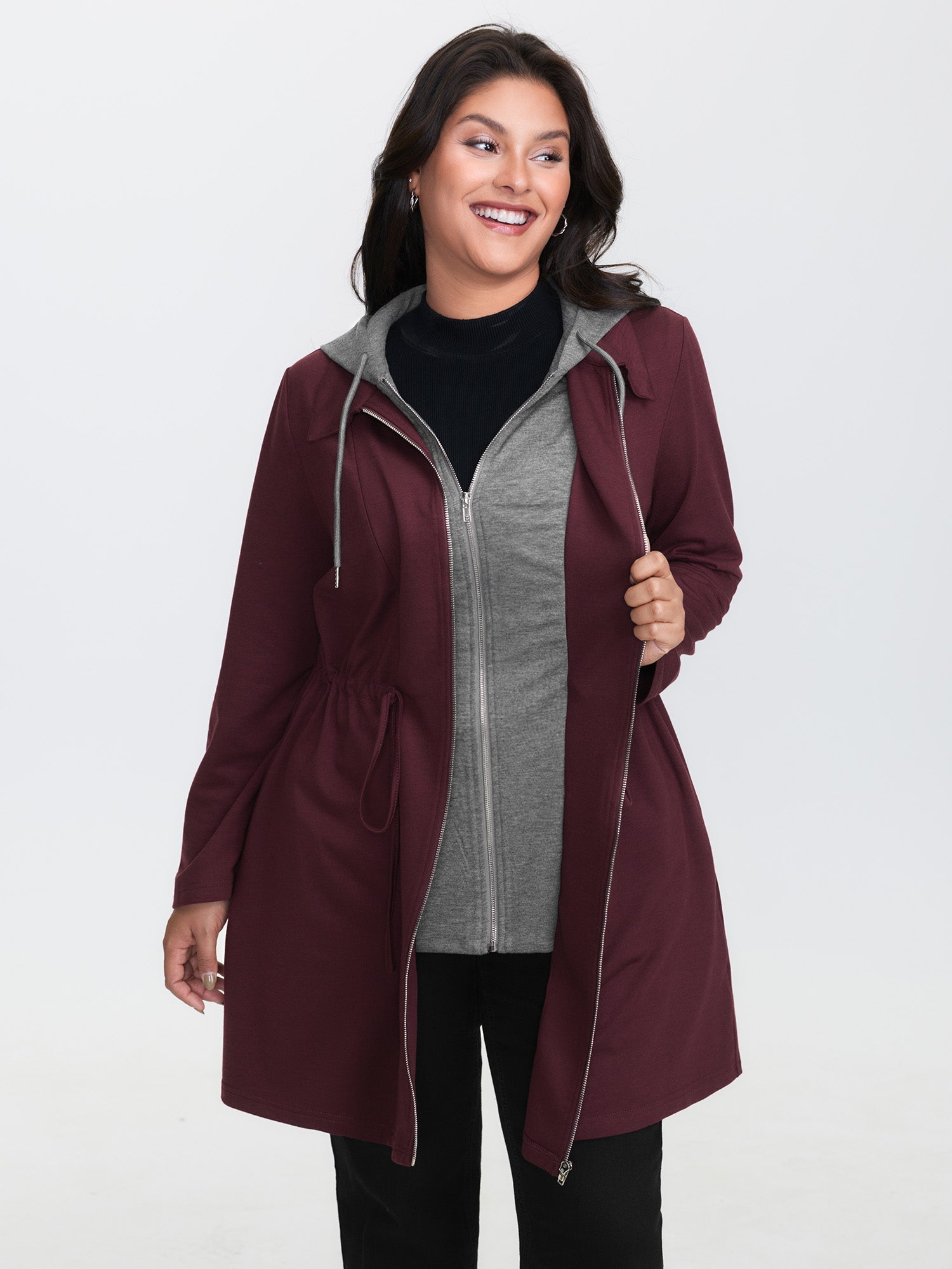 Stretchy Color Contrast Hooded Coat