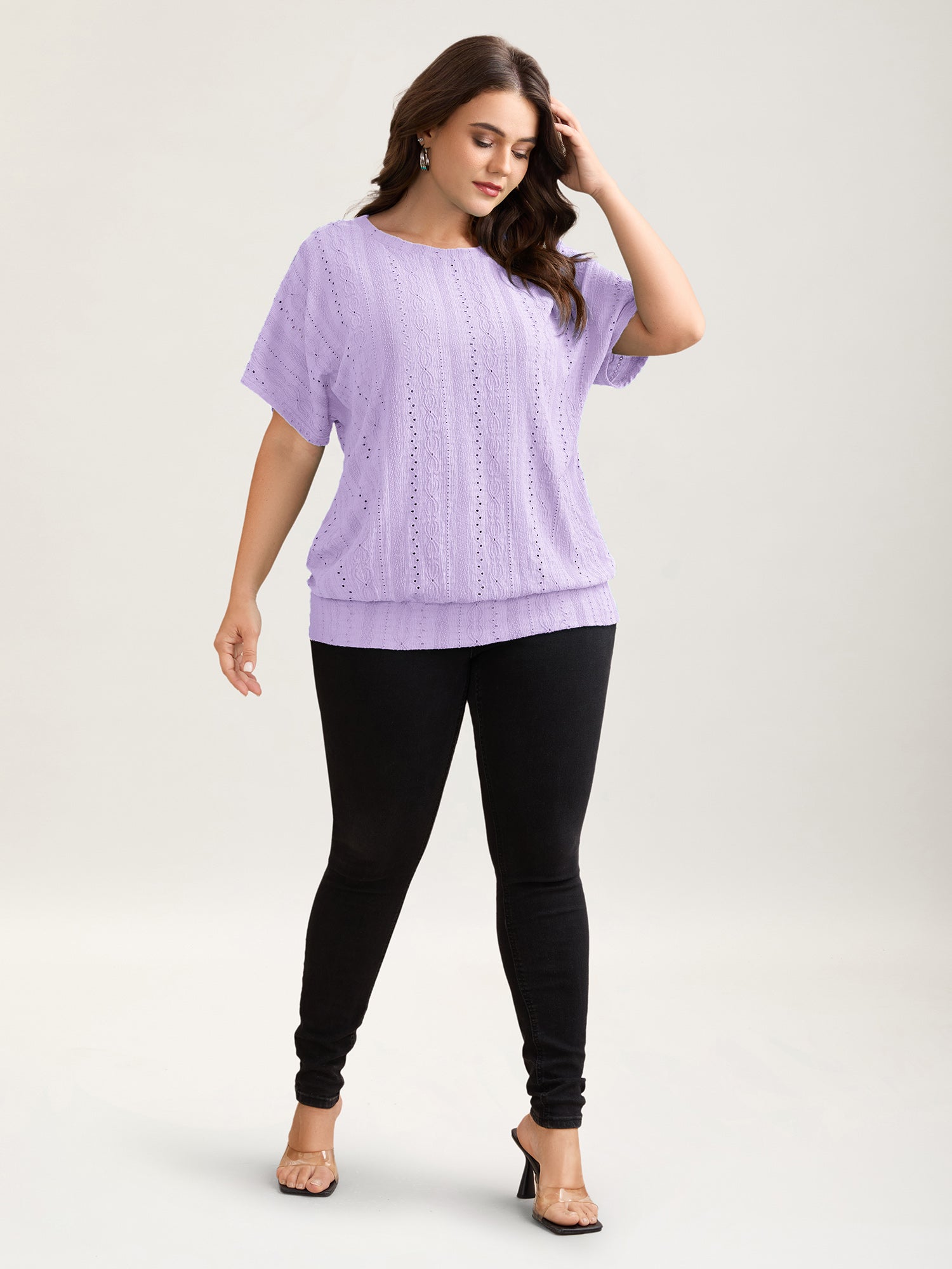 Eyelet Trim Stretchy Textured Plain Top