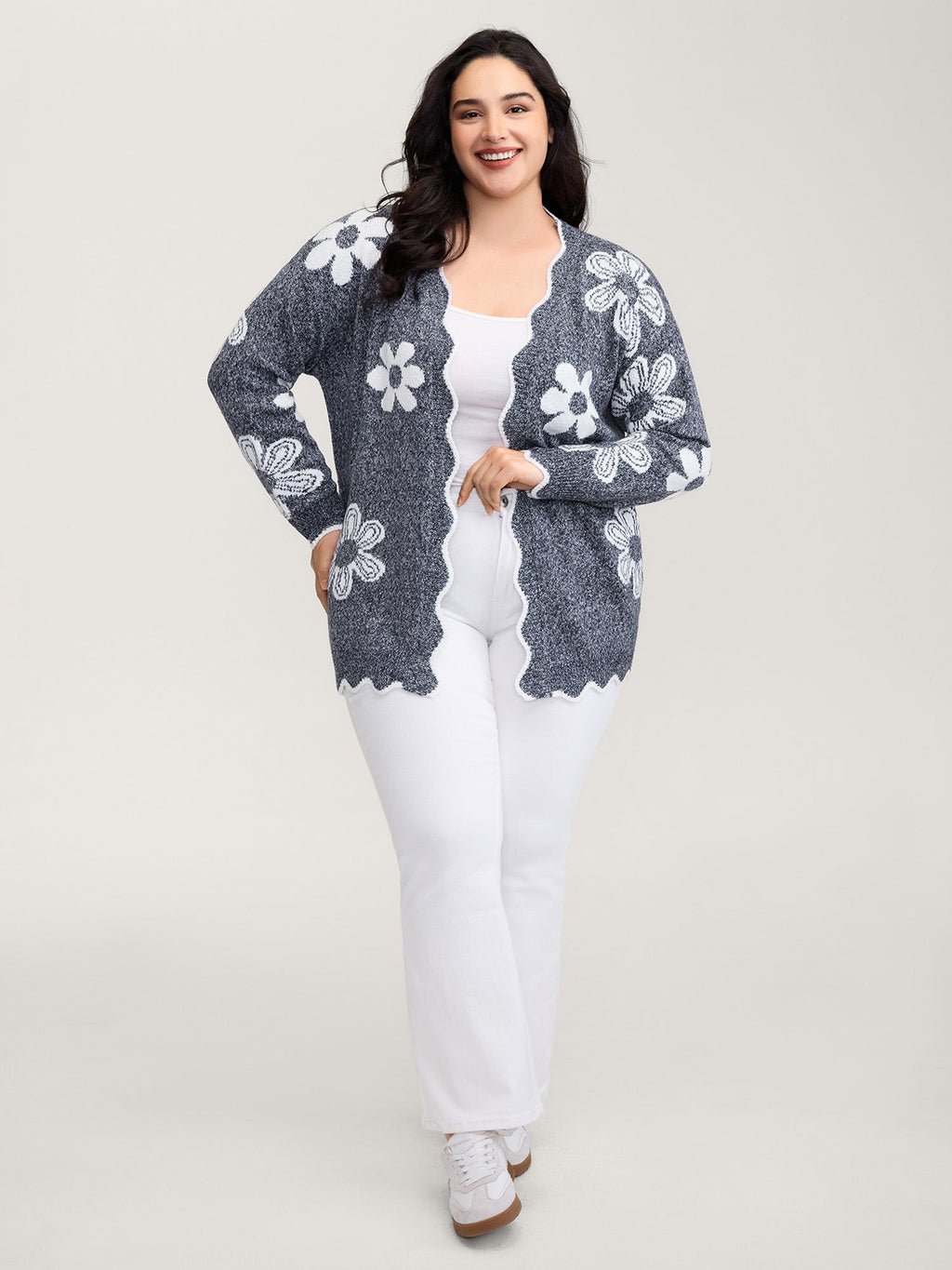 Floral Pattern Open-Front Knitted Cardigan
