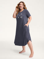 Happy Cat Print Stretchy Contrast Sleep Dress