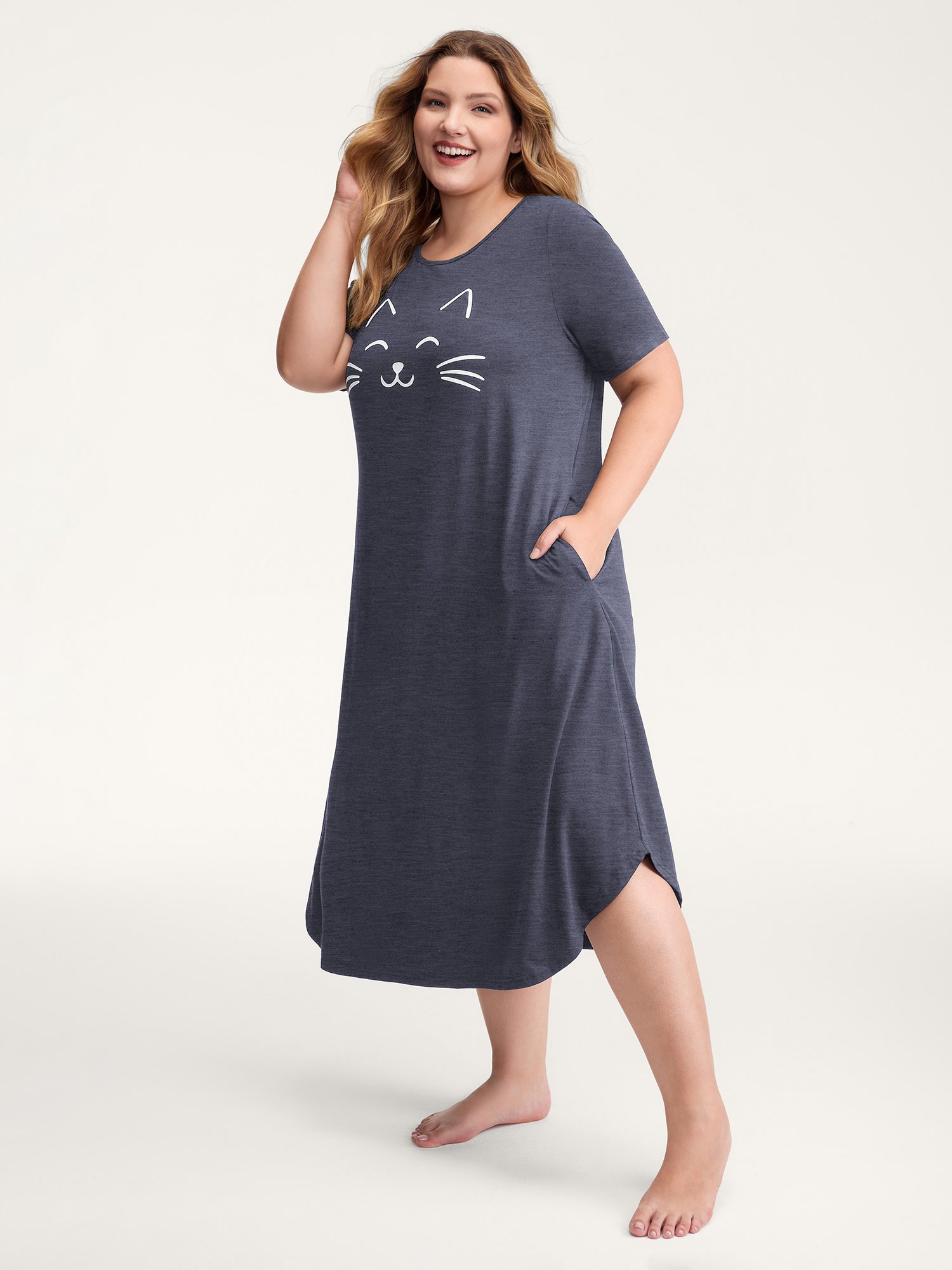 Happy Cat Print Stretchy Contrast Sleep Dress