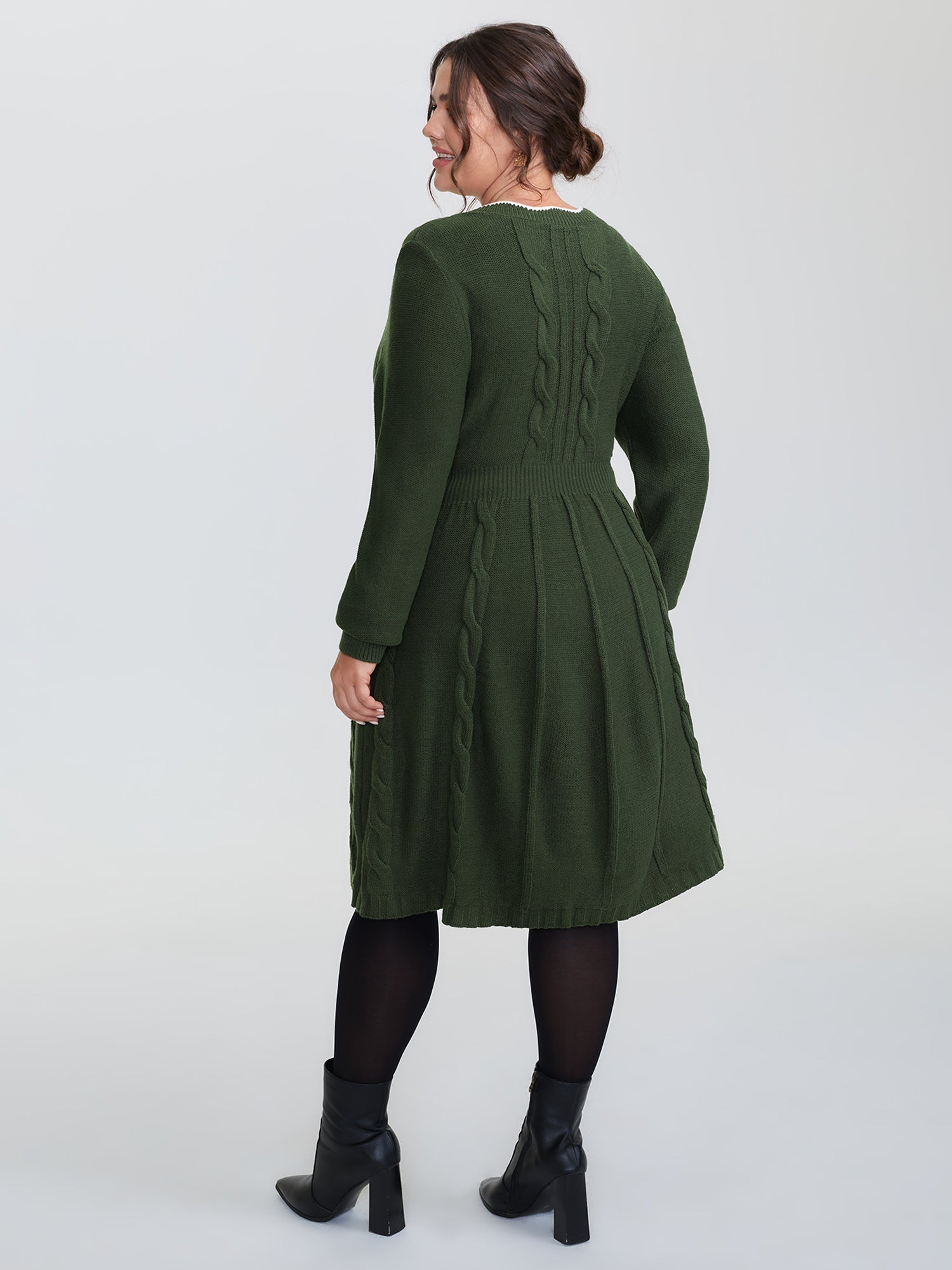 Scalloped V-Neck Fit and Flare Sweater Dress