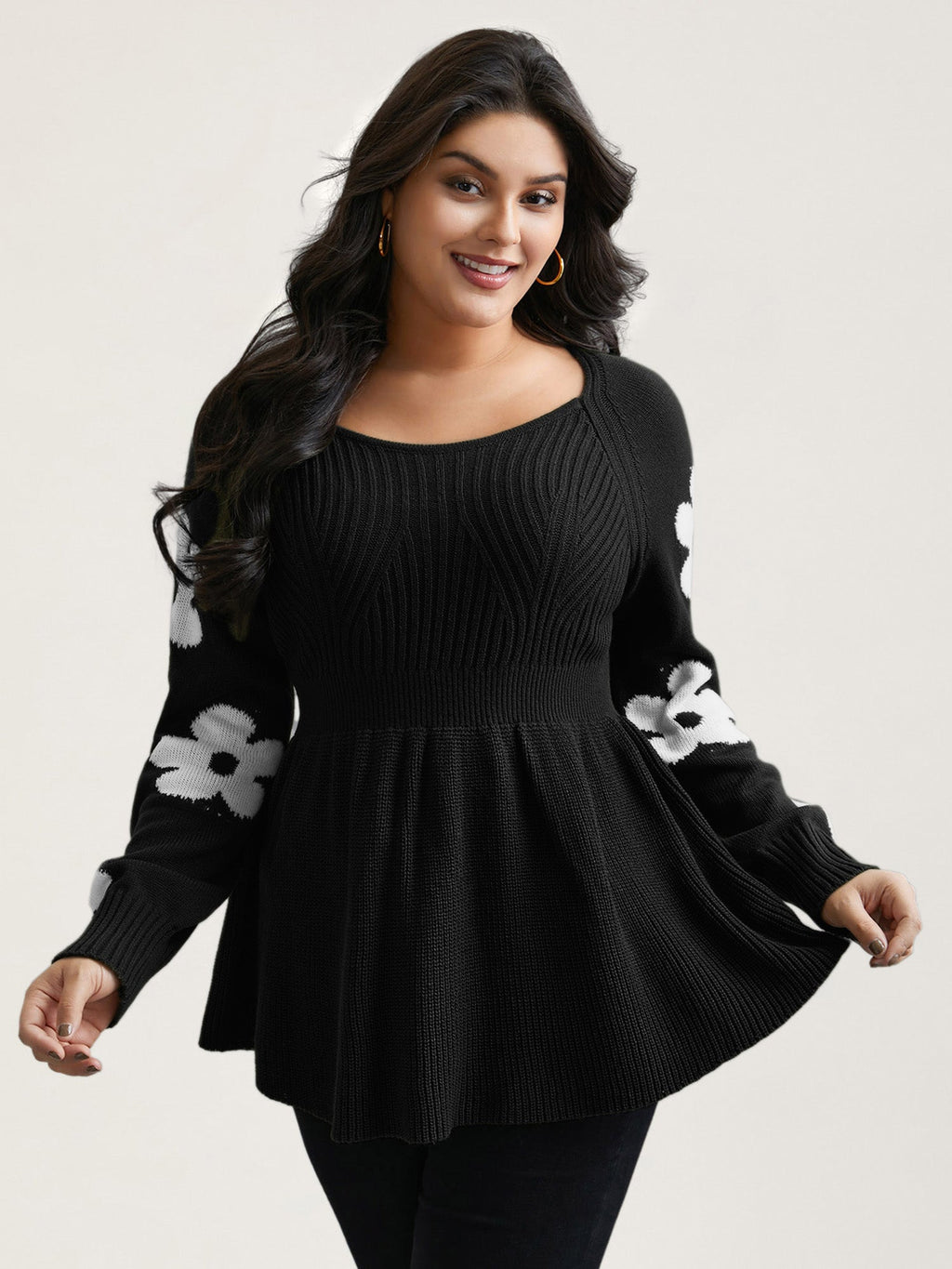 Floral Patch Jacquard Cinched Waist Pullover