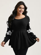 Floral Patch Jacquard Cinched Waist Pullover