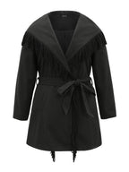 Tassels Trim Plain Lapel Collar Belted Coat