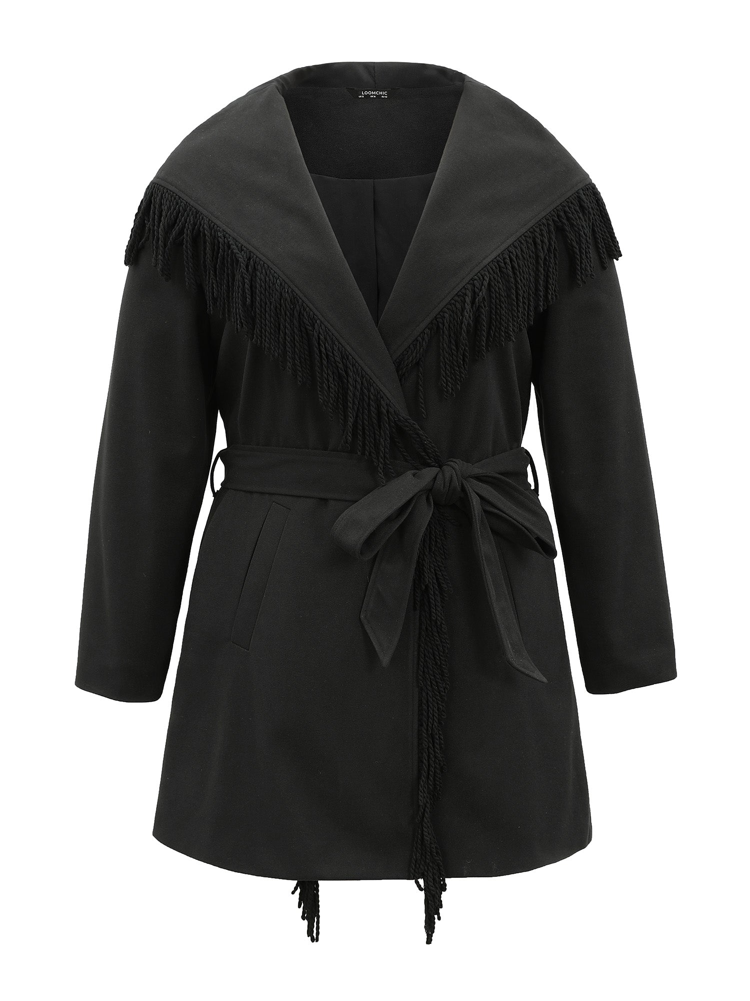 Tassels Trim Plain Lapel Collar Belted Coat