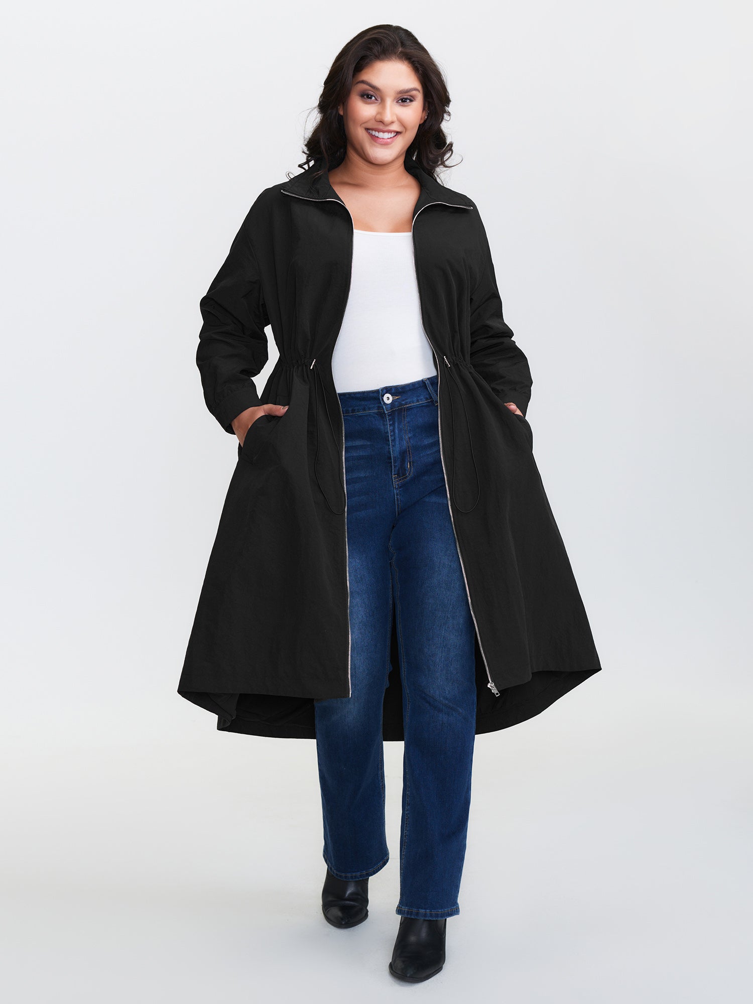 Drawstring Pockets Zipper Long Coat