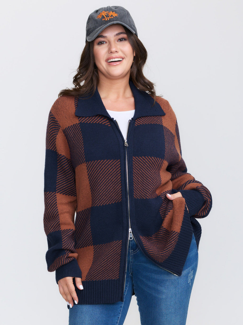 Supersoft Checkered Pattern Zip Knit Cardigan