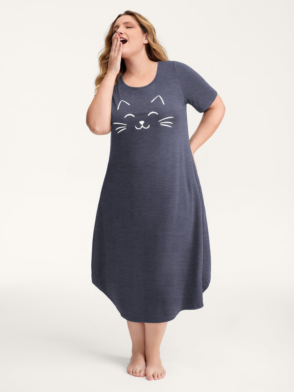 Happy Cat Print Stretchy Contrast Sleep Dress