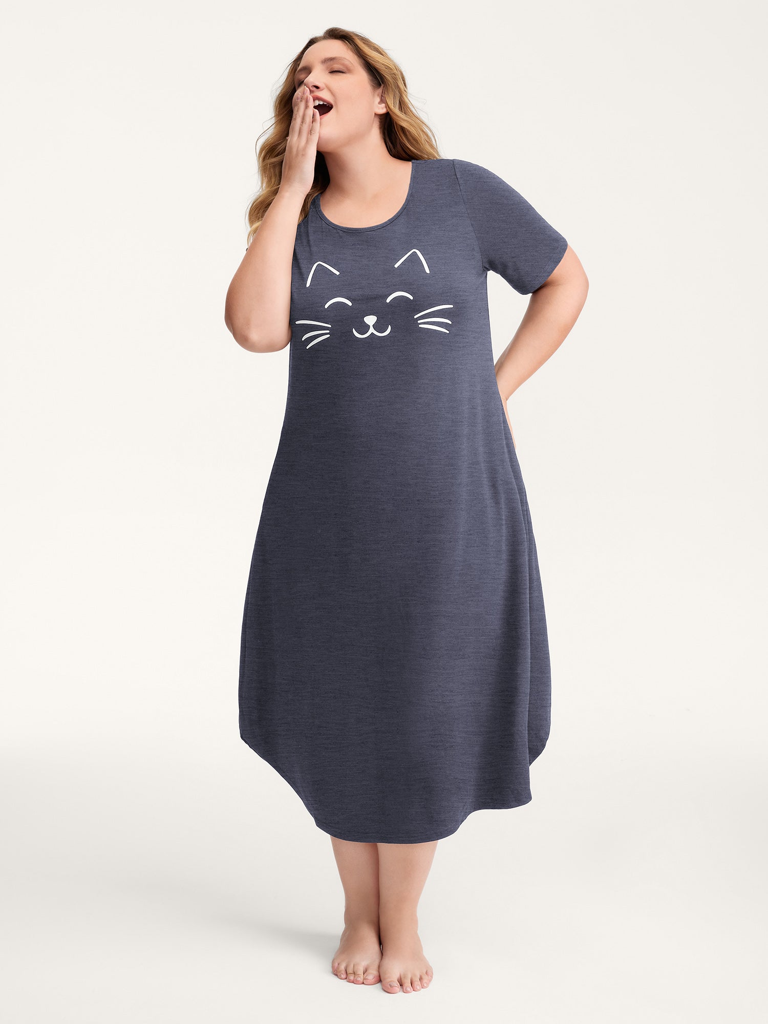 Happy Cat Print Stretchy Contrast Sleep Dress