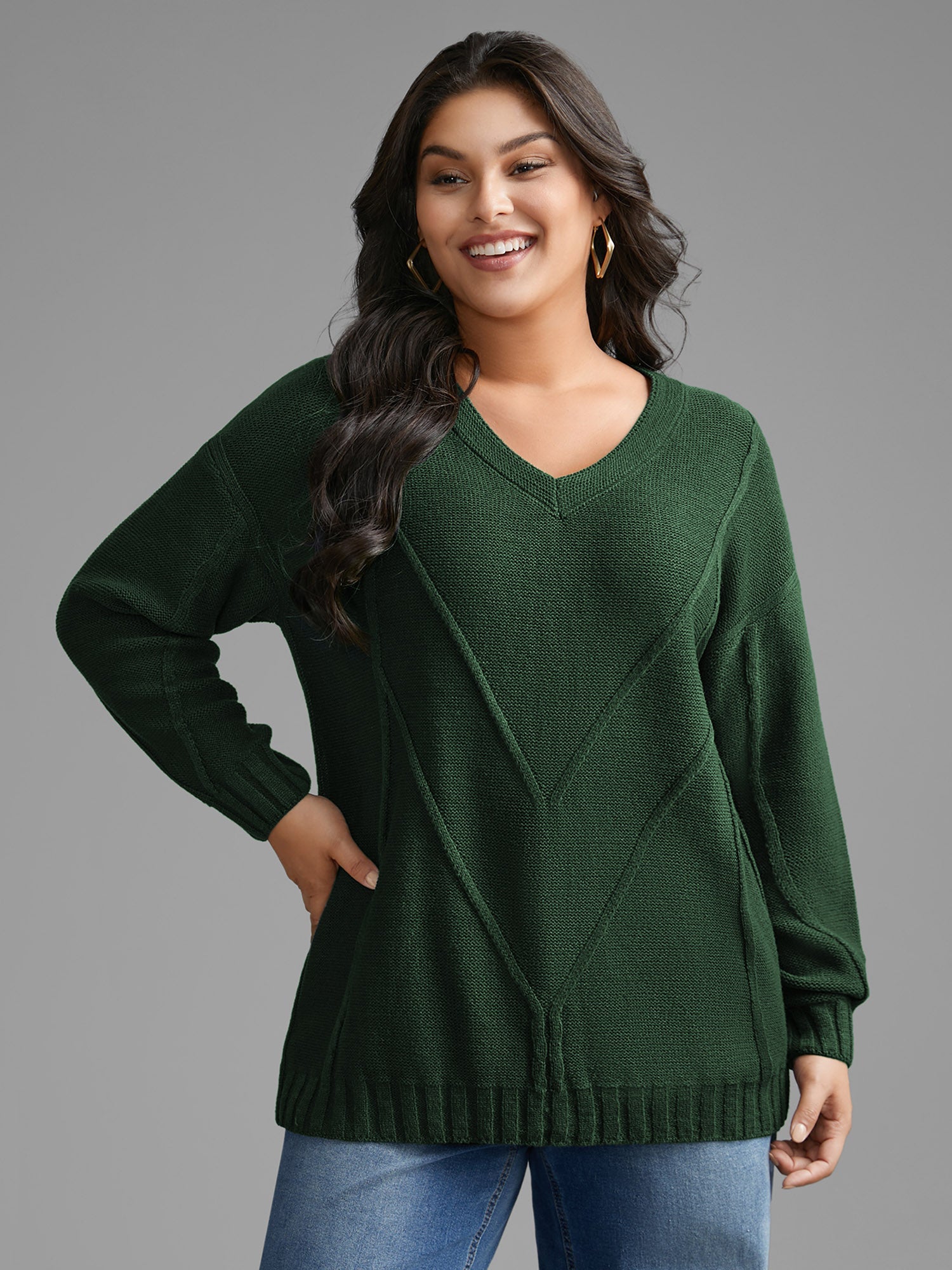 V Neck Cable Knit Texture Pullover