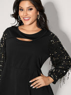 Sequin Sleeve Cut-Out Neck Top