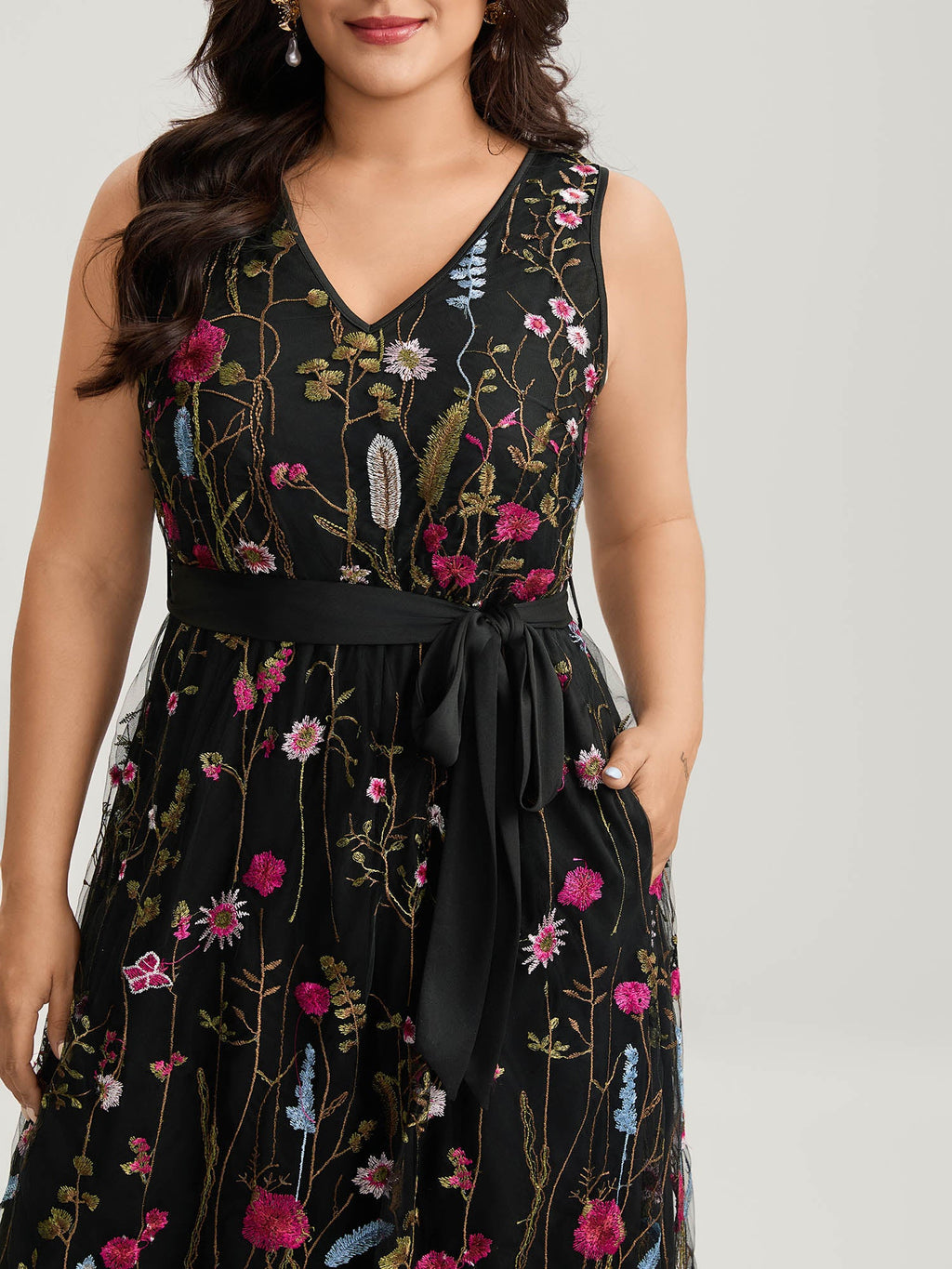 Floral Embroidery Belted Midi Dress
