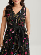Floral Embroidery Belted Midi Dress