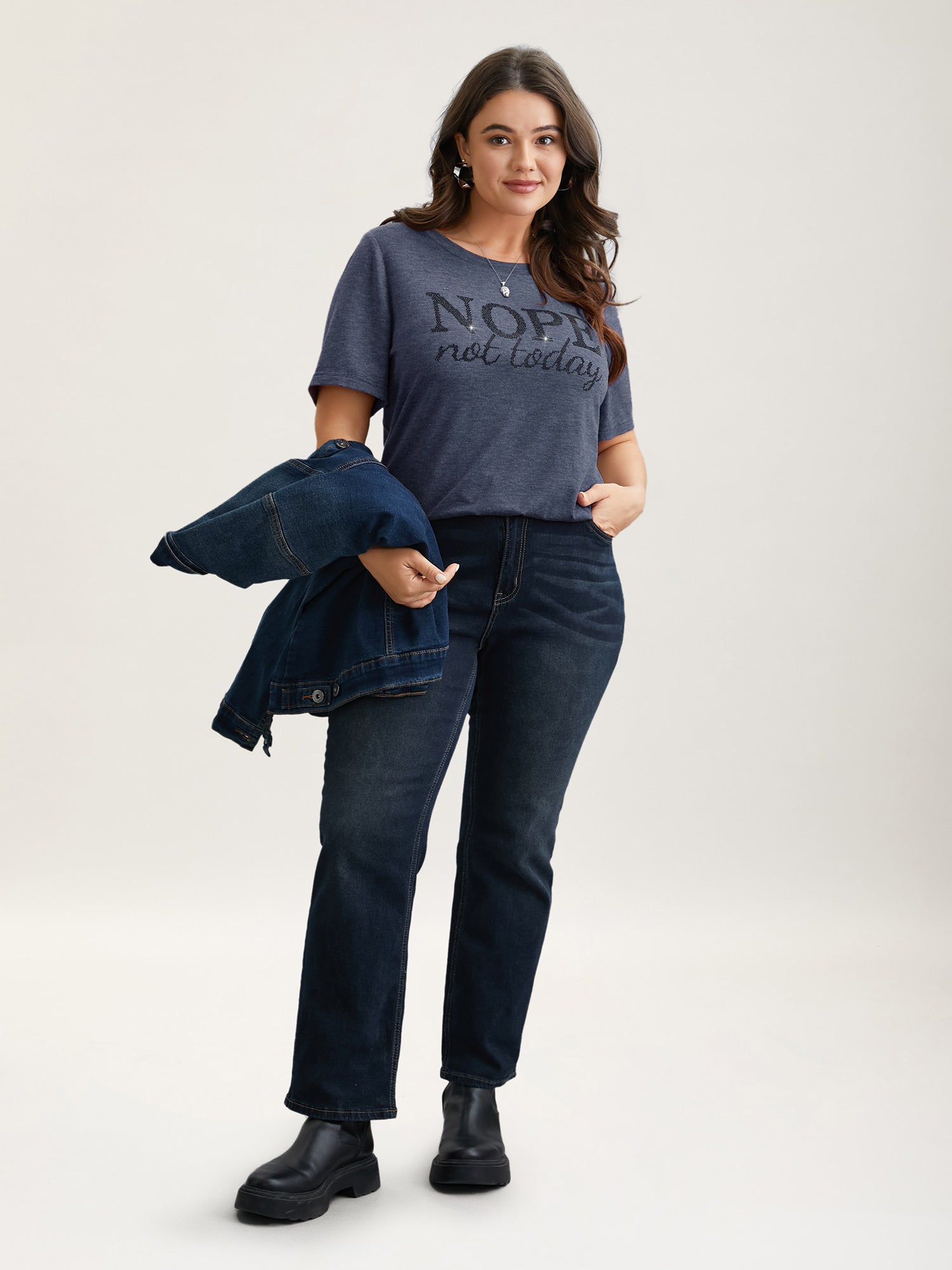 Nope Not Today Print Rhinestone Round Neck T-Shirt