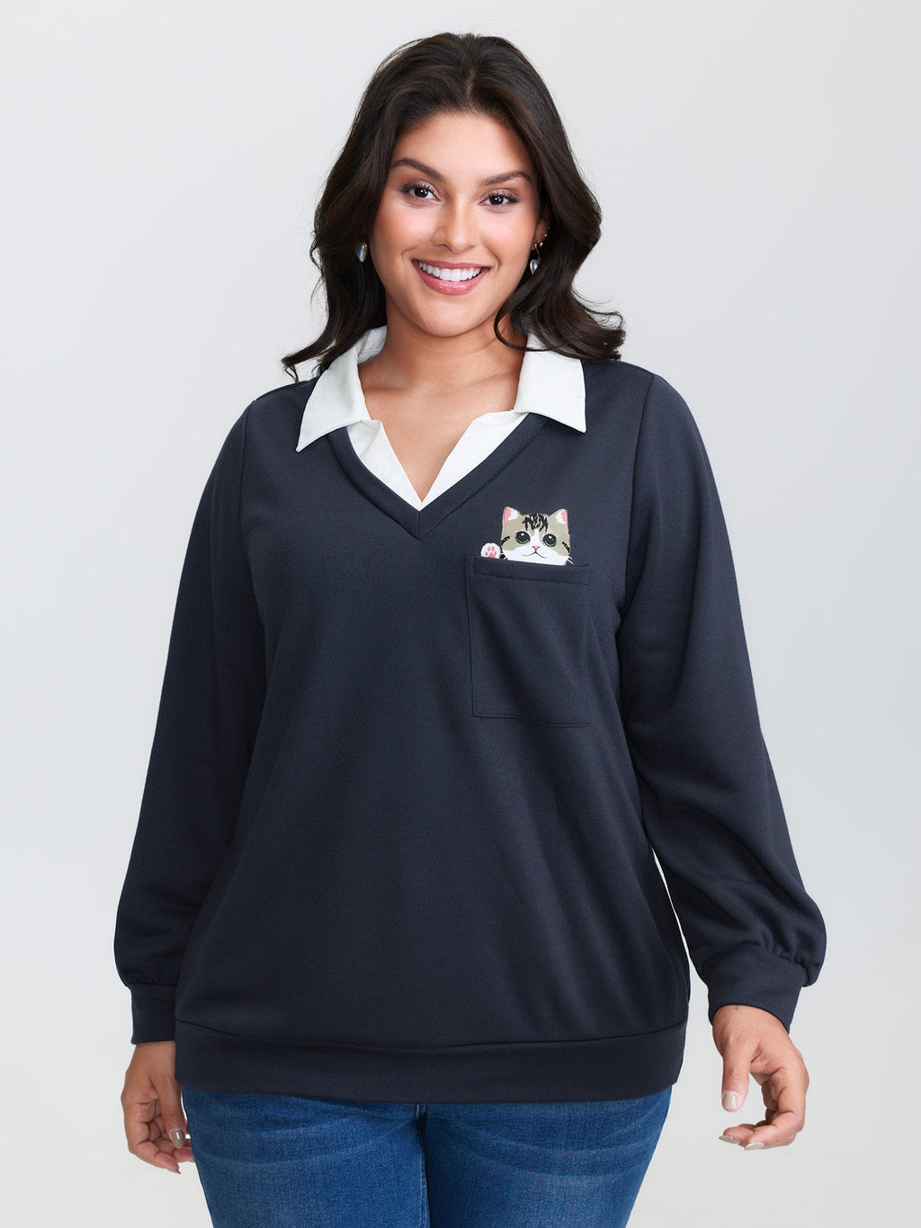 Hello Cat Stretchy Layered Twofer Sweatshirt