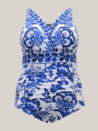 Two-Piece Floral Print Ruched Mesh Swimsuit, Sarong