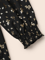 Glitter Floral Frill Trim Shirred Dress